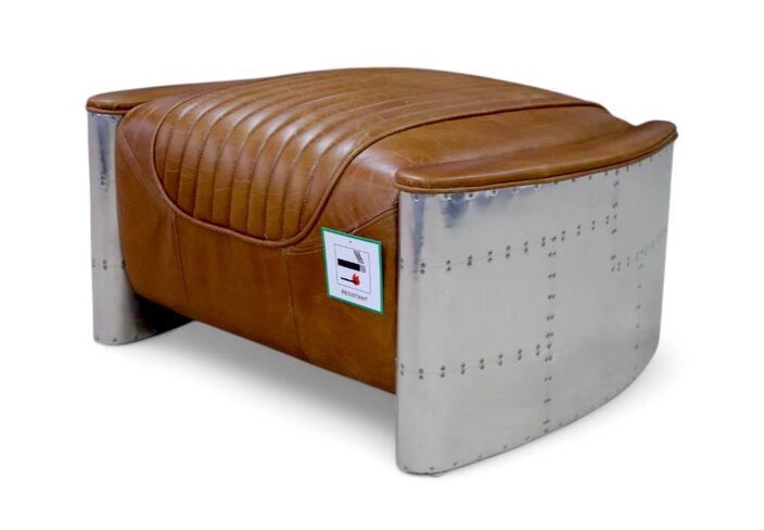 Aviator Vintage Distressed Tan Leather Footstool Pouffe Man Cave