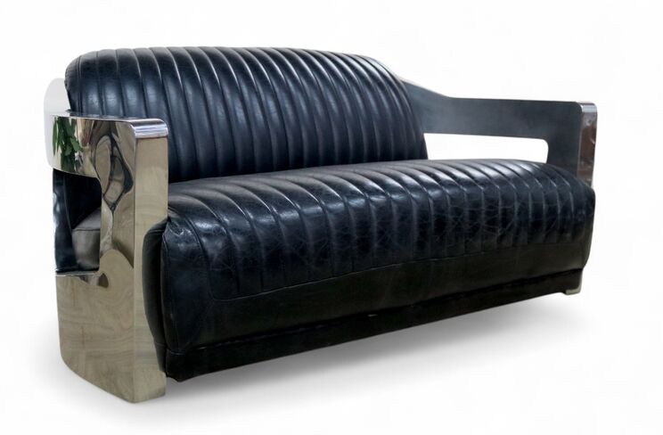 Aviator Vintage Retro 2 Seater Distressed Black Leather Sofa
