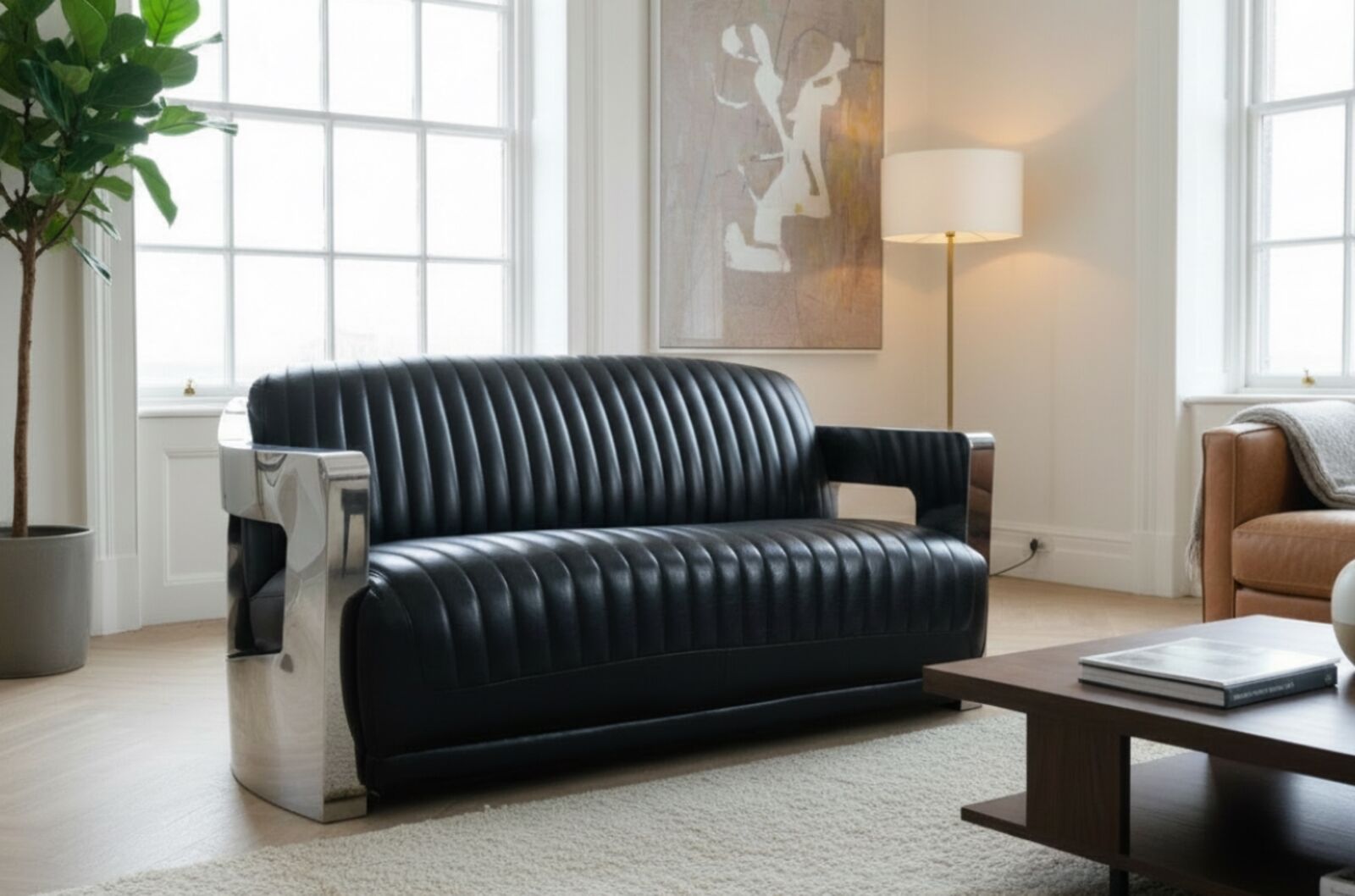 Aviator Vintage Retro 2 Seater Distressed Black Leather Sofa