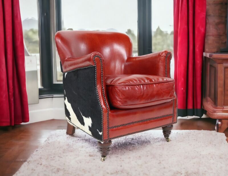 Product photograph of Black Cow Vintage Distressed Rouge Red Leather Armchair from Designer Sofas 4U