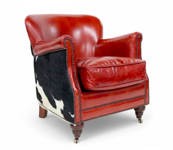 Vintage Red Leather & Cowhide Tub Chair | Rustic Western Accent Armchair
