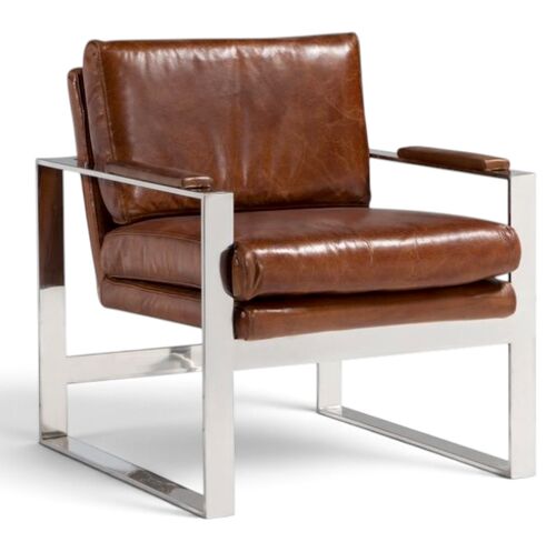 Brown Leather & Chrome Armchair – Modern Lounge Chair