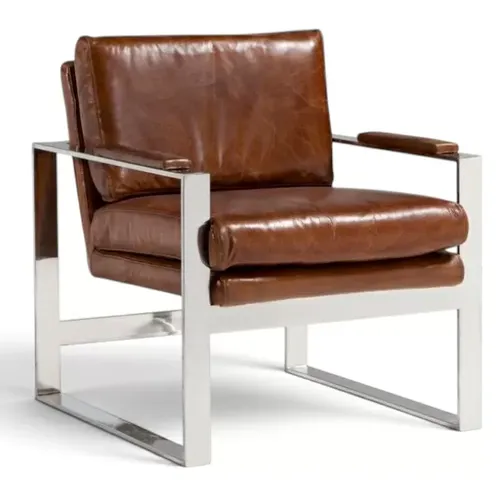 Brown Leather & Chrome Armchair – Modern Lounge Chair