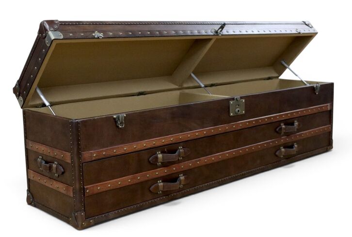 Brown Leather Steamer Vintage Trunk — Extra Long Storage Chest with Drawers