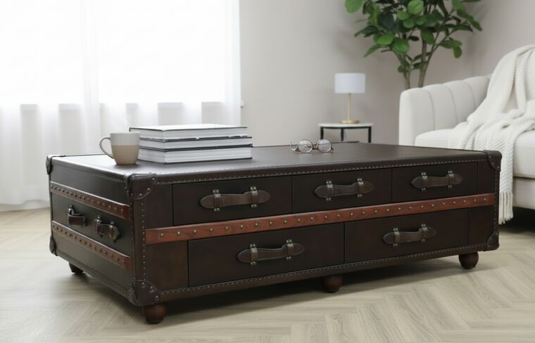 Brown Vintage Coffee Table with Drawers – Leather & Wood Finish