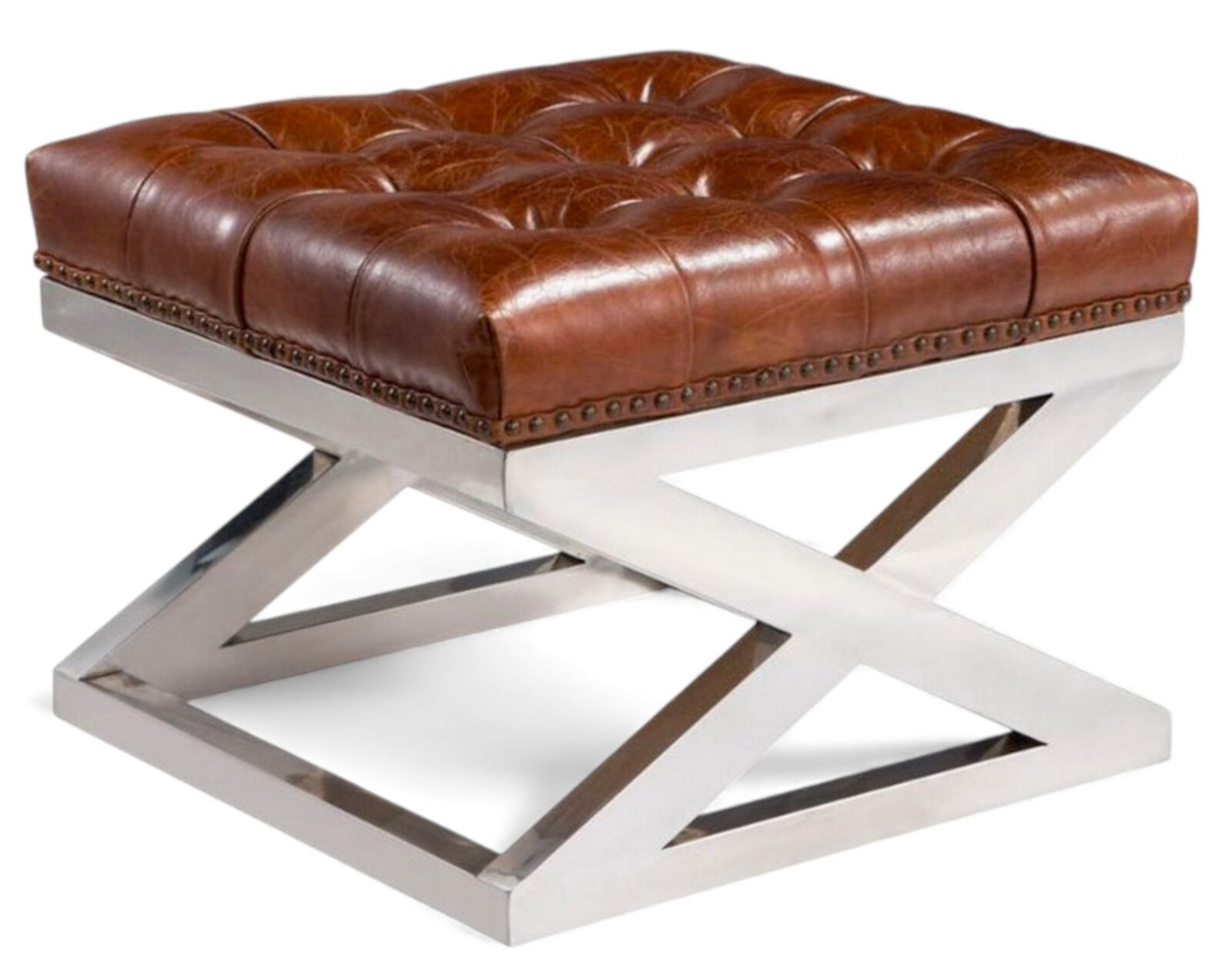 Buttoned Distressed Leather Metal Cross Footstool