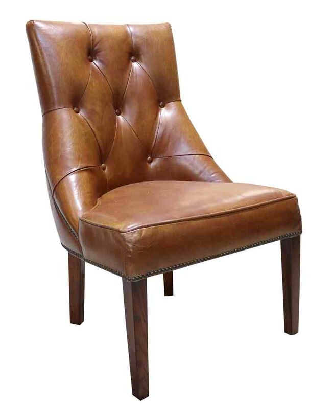 Image of Buttoned Vintage Tan Distressed Leather Dining Chair