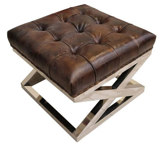 Chesterfield Buttoned Distressed Vintage Tobacco Leather Metal Cross Footstool Ottoman