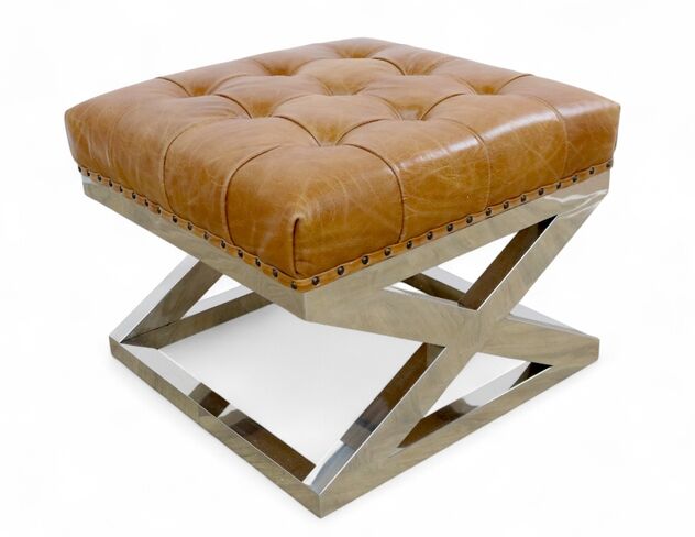 Chesterfield Buttoned Distressed Vintage Tan Leather Metal Cross Footstool Ottoman