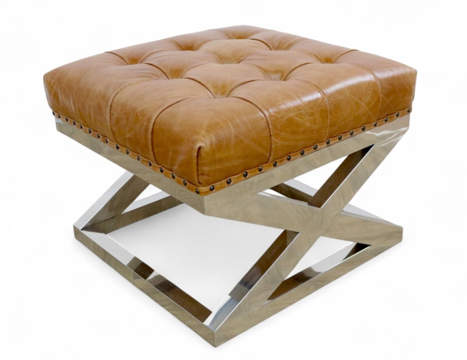 Chesterfield Buttoned Distressed Vintage Tan Leather Metal Cross Footstool Ottoman