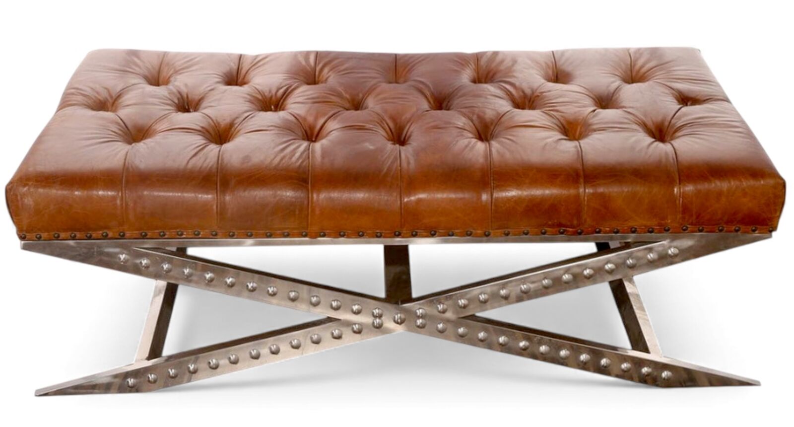 Chesterfield Buttoned Leather Footstool X Base Frame