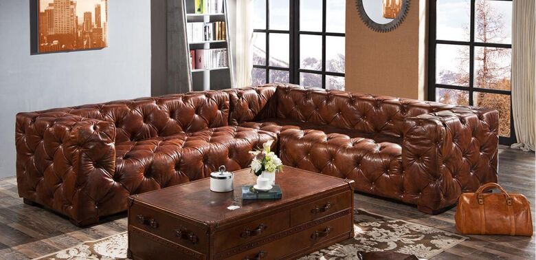 Chesterfield Buttoned Vintage Distressed Leather Corner Sofa