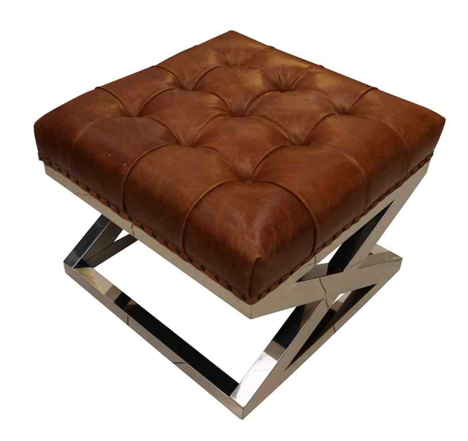 Product photograph of Chesterfield Buttoned Distressed Vintage Tan Leather Metal Cross Footstool Ottoman from Designer Sofas 4U
