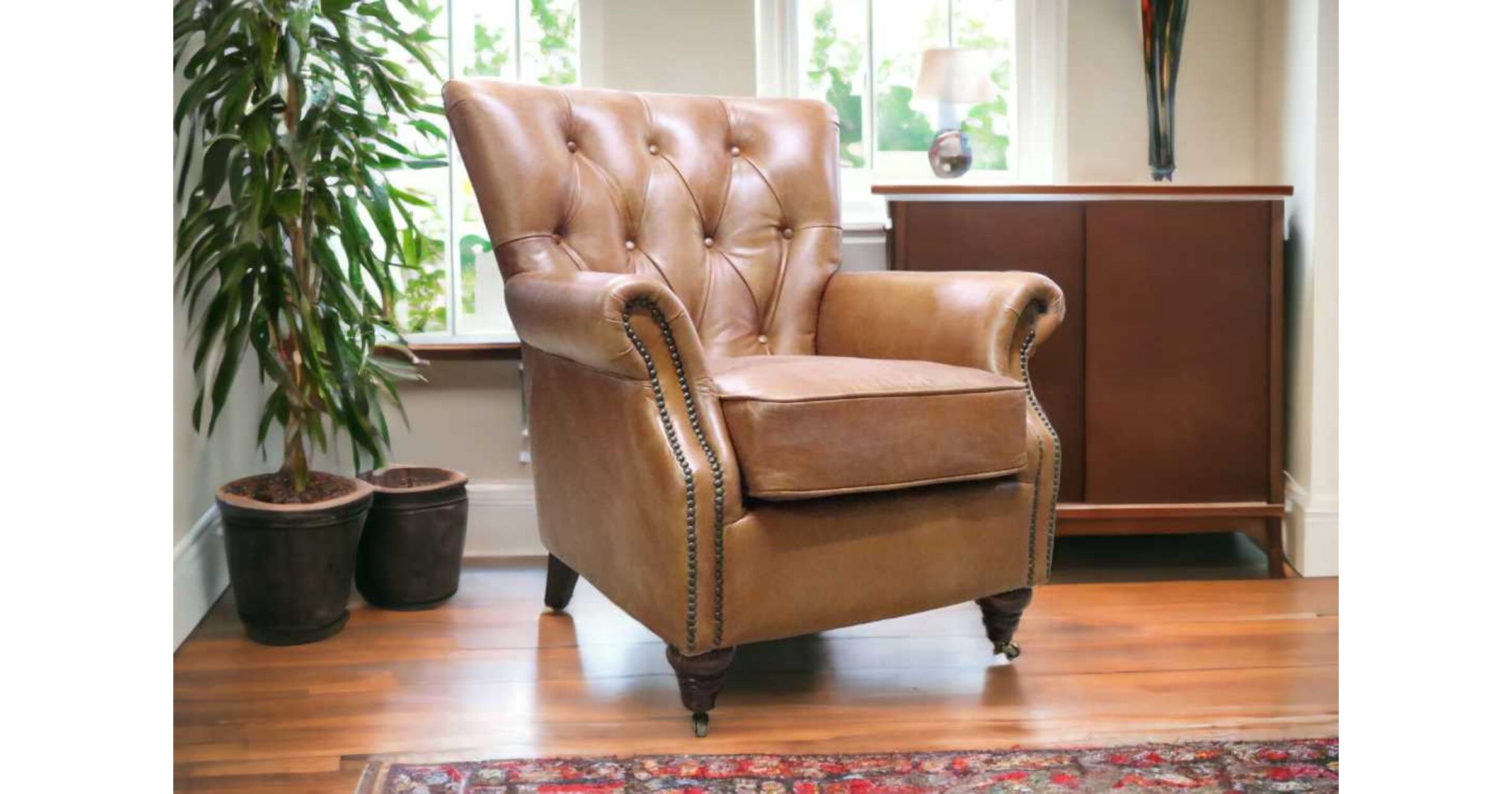 Luxurious Vintage Tan Distressed Leather Chesterfield Armchair
