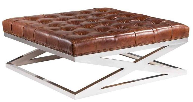 Chesterfield Large Square Vintage Distressed Leather Metal Criss Cross Footstool