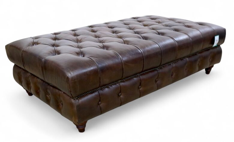 Chesterfield Large Vintage Leather Footstool – Tufted in Distressed Brown