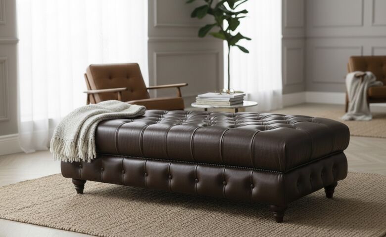 Chesterfield Large Vintage Leather Footstool – Tufted in Distressed Brown
