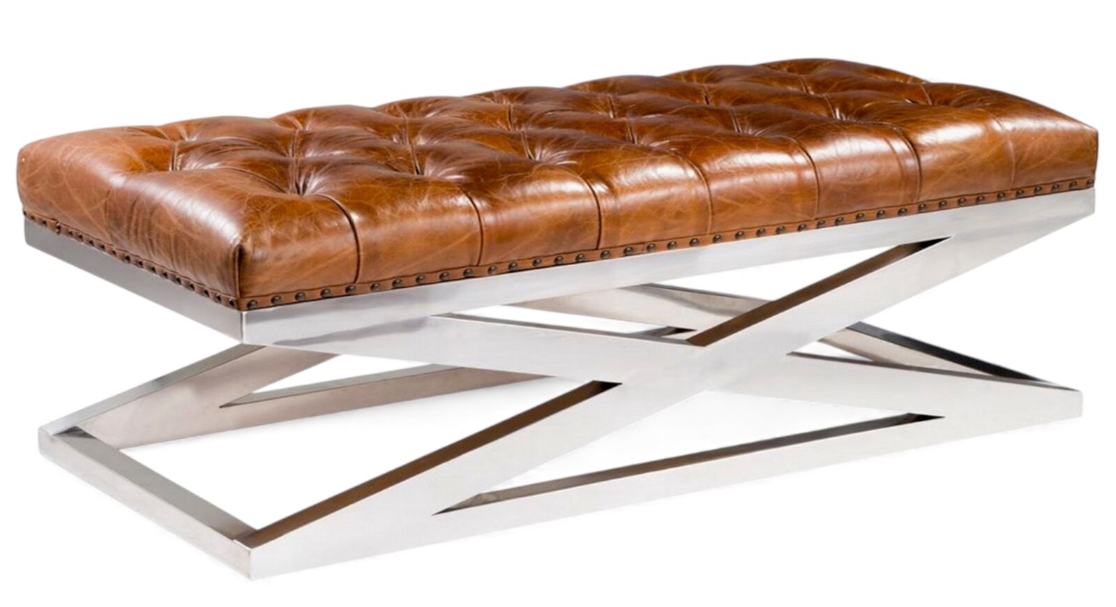 Chesterfield Leather X Frame Base Long Footstool