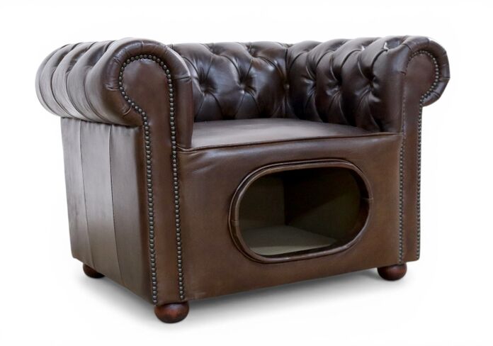 Chesterfield Pet Cat Sofa with Integrated Hideaway Vintage Brown Leather