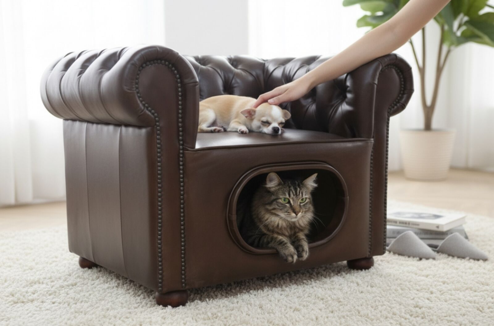 Chesterfield Pet Cat Sofa with Integrated Hideaway Vintage Brown Leather