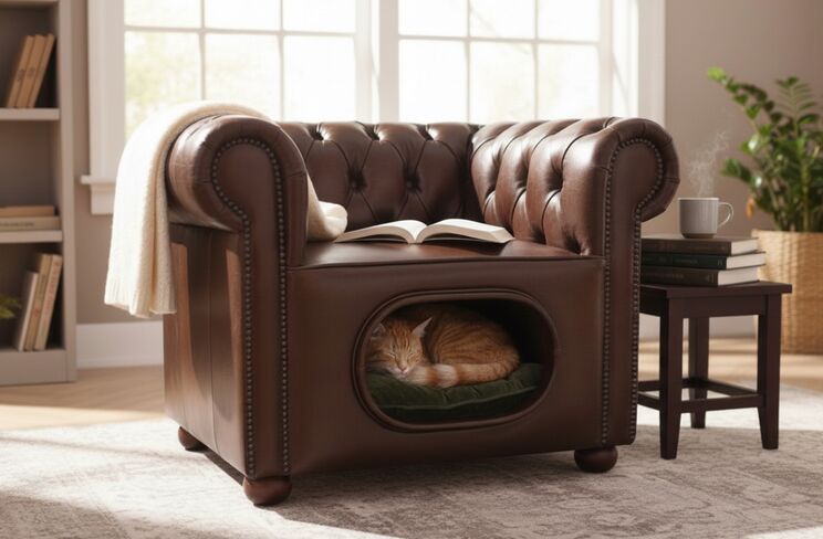 Chesterfield Pet Cat Sofa with Integrated Hideaway Vintage Brown Leather