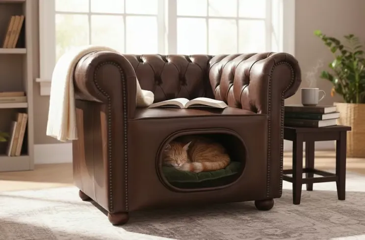 Chesterfield Pet Cat Sofa with Integrated Hideaway Vintage Brown Leather