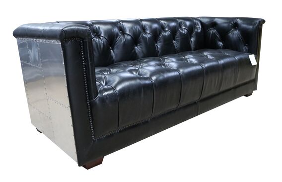 Chesterfield Spitfire Vintage Black Leather Sofa Settee