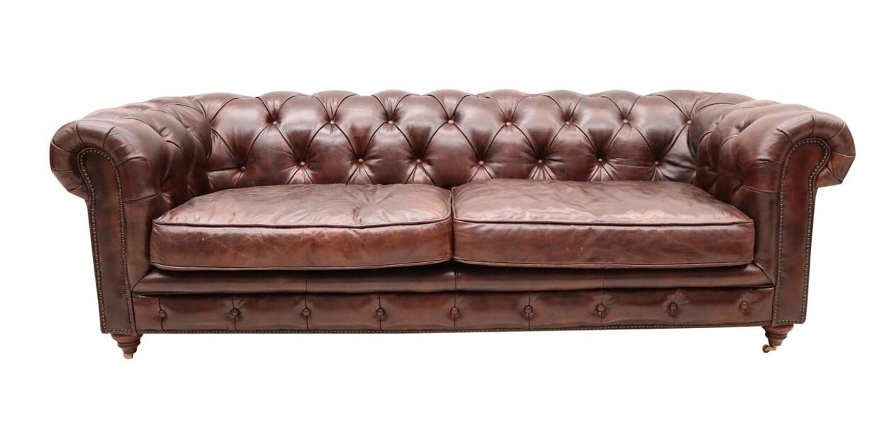Leather Chesterfield 3 Seater Sofa, Distressed Brown Leather Couch