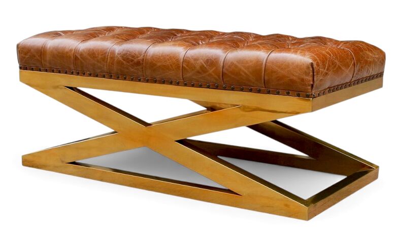 Chesterfield Tufted Vintage Leather Footstool With Gold X Base