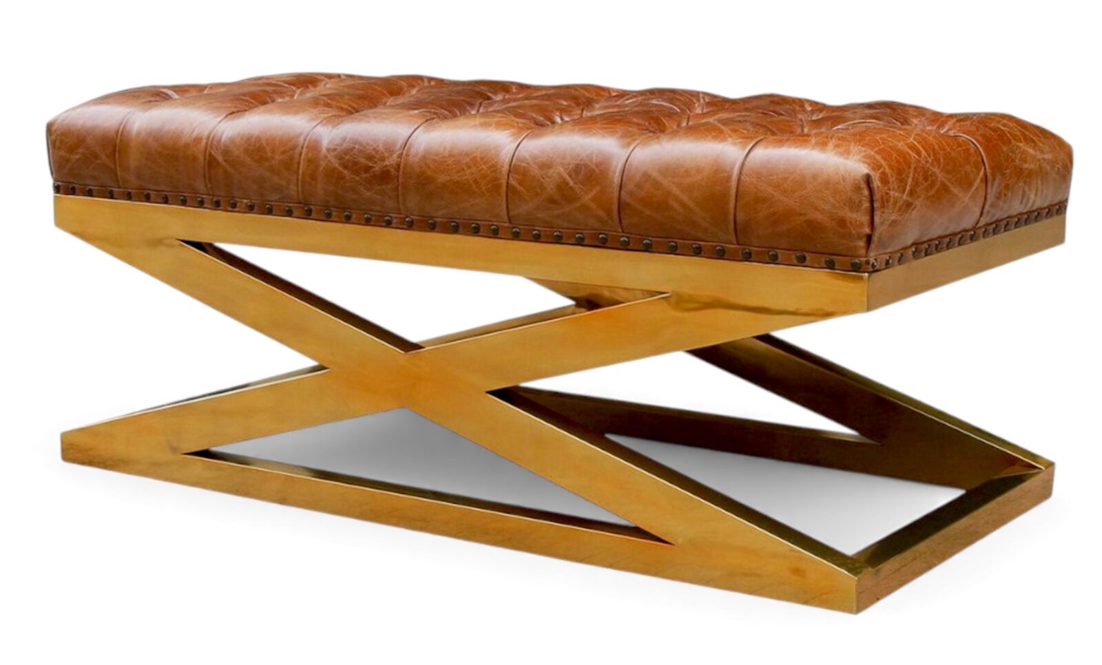 Chesterfield Tufted Vintage Leather Footstool With Gold X Base