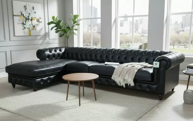 Chesterfield Vintage Black Distressed Leather Buttoned Corner Sofa