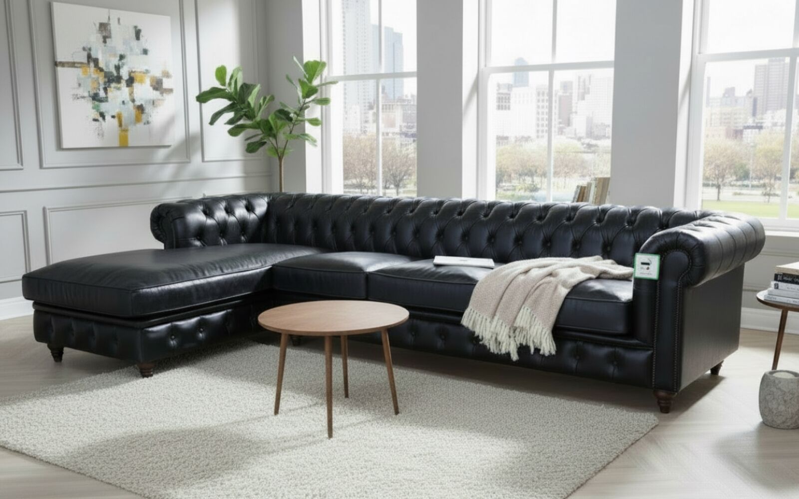 Chesterfield Vintage Black Distressed Leather Buttoned Corner Sofa