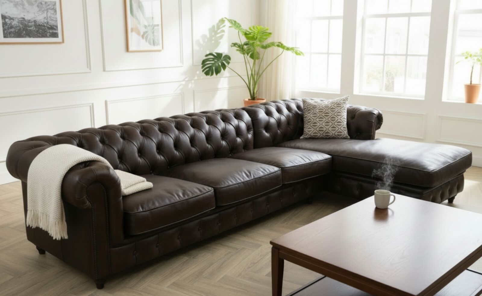 Chesterfield Vintage Brown Distressed Leather Buttoned Corner Sofa