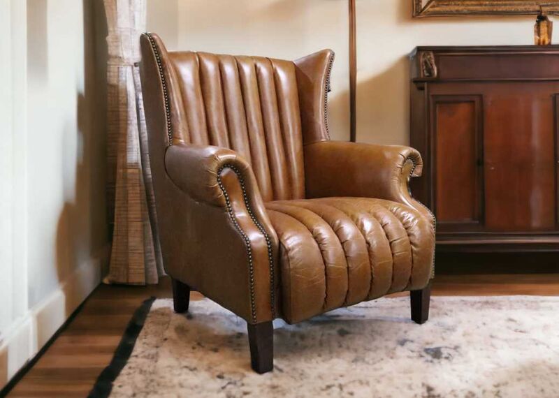 Product photograph of Cuban Cigar Vintage Tan Distressed Leather Wingback Chair from Designer Sofas 4U