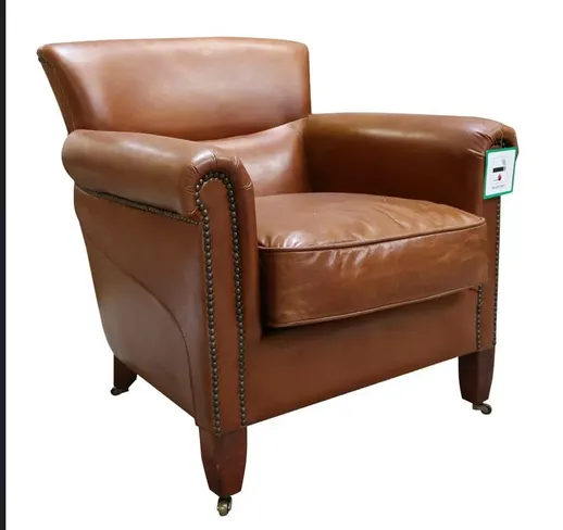 Elka Vintage Tan Leather Club Armchair - Studded Rolled Arm Chair
