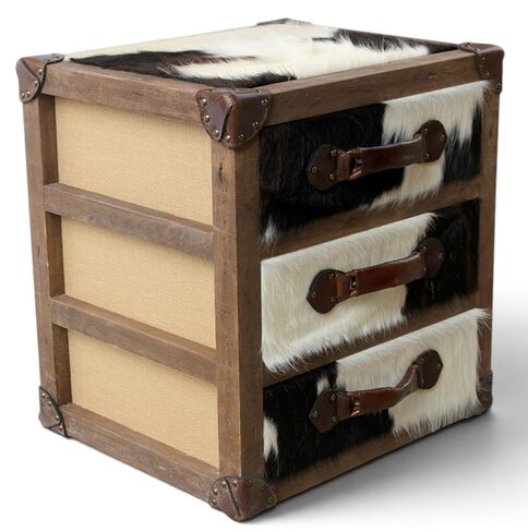 Cowhide Leather 3 Drawer Bedside Cabinet – Rustic Vintage Style