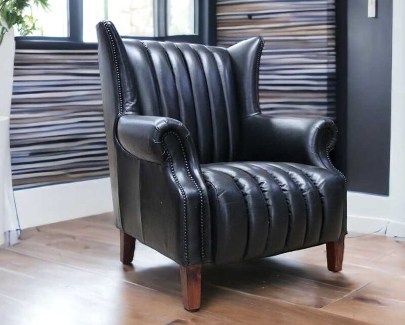Product photograph of Cuban Cigar Vintage Black Distressed Leather Wingback Chair from Designer Sofas 4U