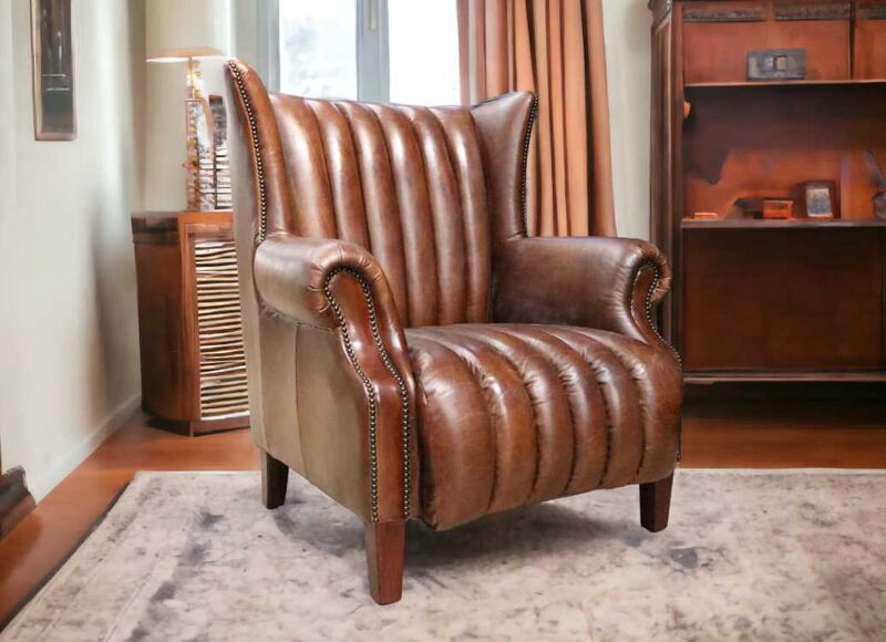 Product photograph of Cuban Cigar Vintage Brown Distressed Leather Wingback Chair from Designer Sofas 4U