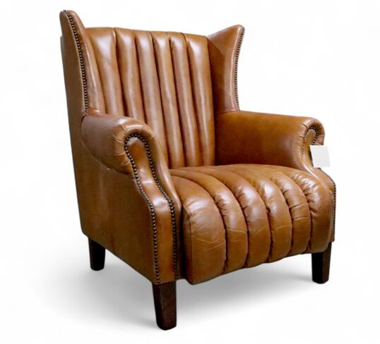 Cuban Cigar Vintage Tan Distressed Leather Wingback Chair