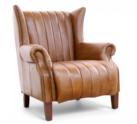 Cuban Cigar Vintage Tan Distressed Leather Wingback Chair
