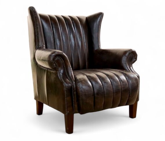 Cuban Cigar Vintage Tobacco Brown Leather Wingback Armchair – Timeless Luxury & Comfort