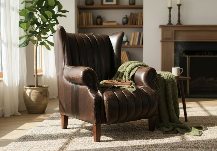 Cuban Cigar Vintage Tobacco Brown Leather Wingback Armchair – Timeless Luxury & Comfort