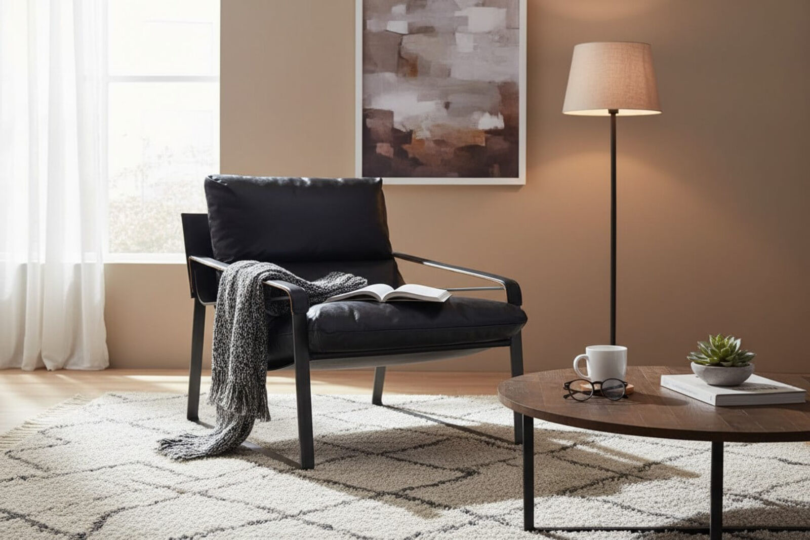 Dainton Black Leather Lounge Chair Modern Industrial Accent Seating