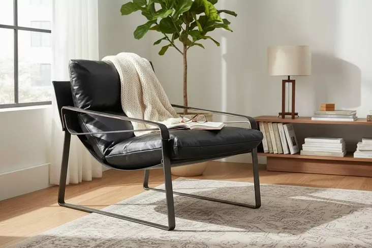 Dainton Black Leather Lounge Chair – Modern Industrial Accent Seating