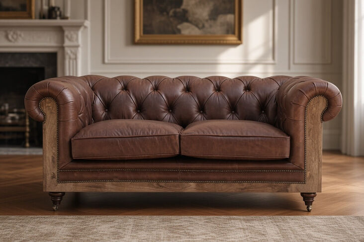 Deconstructed Chesterfield Vintage Nappa Dark Brown Leather Sofa 2 Seater