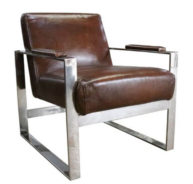 Distressed Brown Leather and Stainless Steel Armchair
