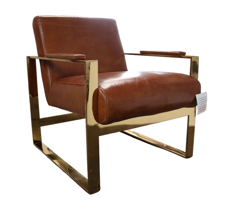 Product photograph of Distressed Tan Leather And Gold Stainless Steel Armchair from Designer Sofas 4U