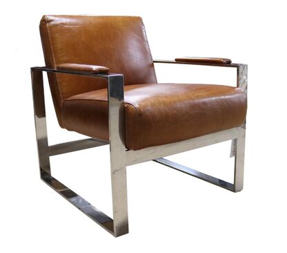 Distressed Leather and Stainless Steel Tan Armchair
