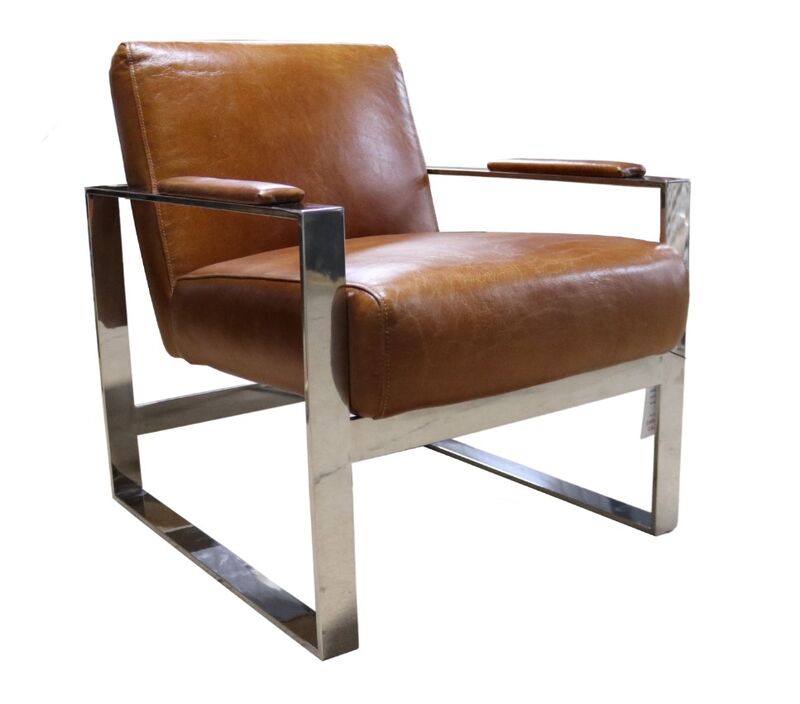 Product photograph of Distressed Tan Leather And Stainless Steel Armchair from Designer Sofas 4U