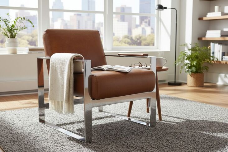 Distressed Tan Leather and Stainless Steel Armchair